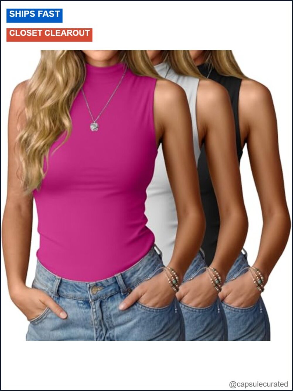 Mock Neck Sleeveless Tank Tops 3 Pack Stretch Knit